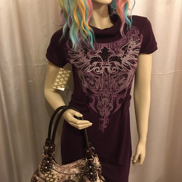 RARE FIND y2k deep purple dereon sweater dress with crystal details! - Picture 5 of 16